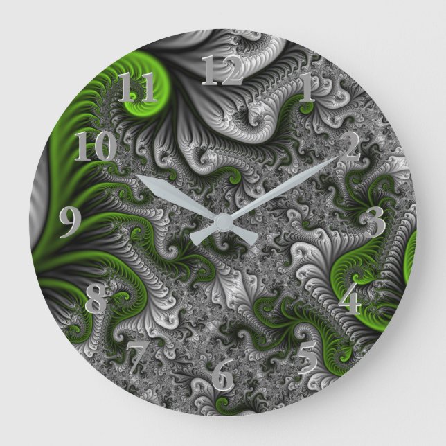 Fantasy World Green And Grey Abstract Fractal Art Large Clock (Front)