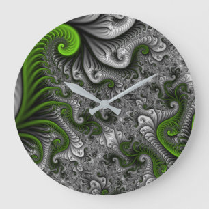 Fantasy World Green And Grey Abstract Fractal Art Large Clock