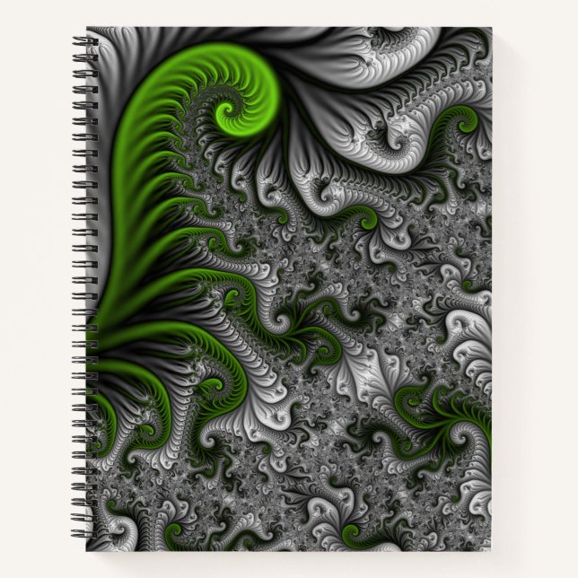 Fantasy World Green And Grey Abstract Fractal Art Notebook (Front)