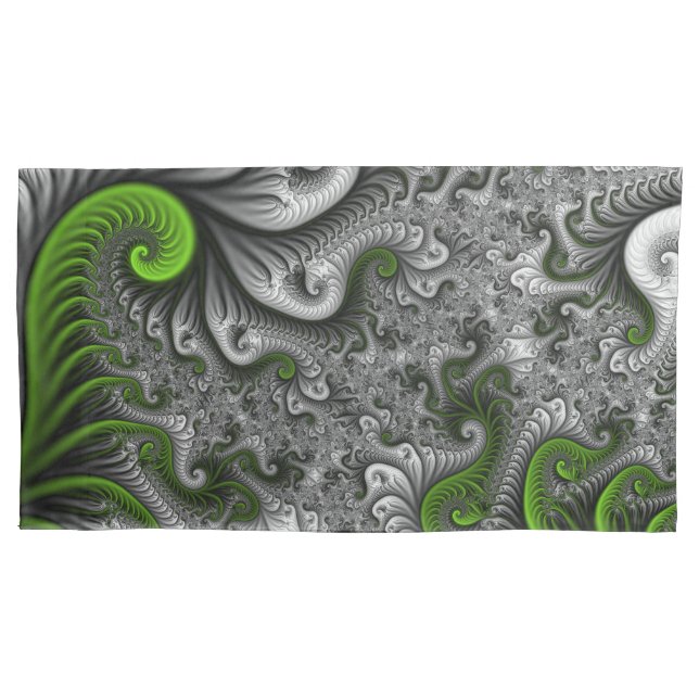 Fantasy World Green And Grey Abstract Fractal Art Pillowcase (Front)