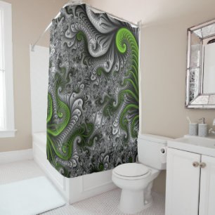 Fantasy World Green And Grey Abstract Fractal Art Shower Curtain