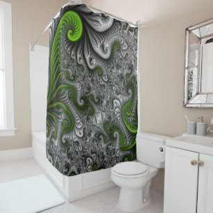 Fantasy World Green And Grey Abstract Fractal Art Shower Curtain