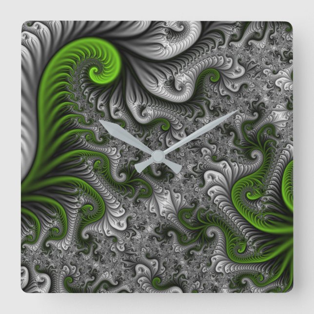Fantasy World Green And Grey Abstract Fractal Art Square Wall Clock (Front)
