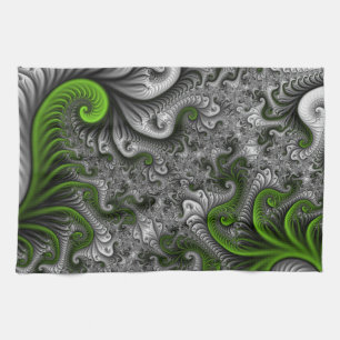 Fantasy World Green And Grey Abstract Fractal Art Tea Towel