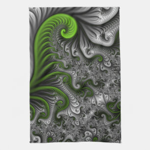 Fantasy World Green And Grey Abstract Fractal Art Tea Towel