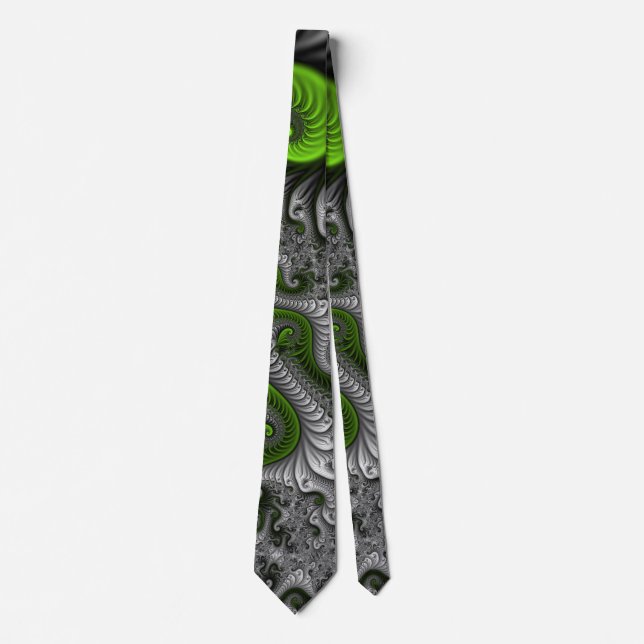 Fantasy World Green And Grey Abstract Fractal Art Tie (Front)