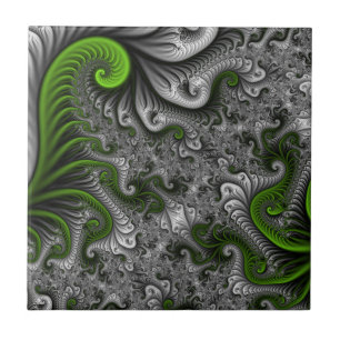 Fantasy World Green And Grey Abstract Fractal Art Tile