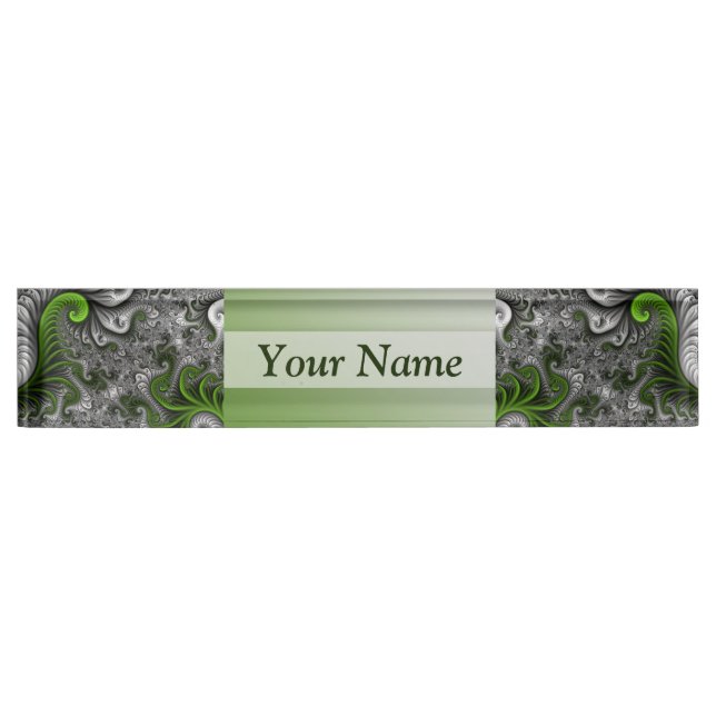 Fantasy World Green And Grey Abstract Fractal Text Nameplate (Front)