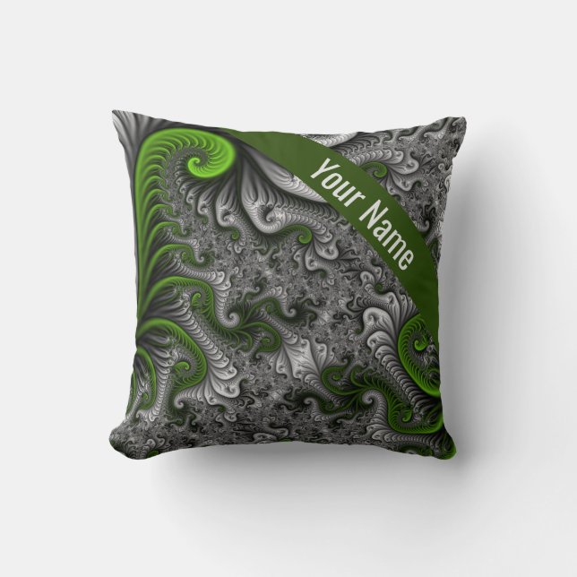 Fantasy World Green Grey Abstract Fractal Art Name Cushion (Front)