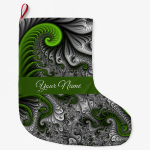 Fantasy World Green Grey Abstract Fractal Art Name Large Christmas Stocking