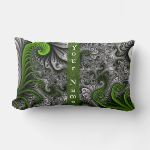 Fantasy World Green Grey Abstract Fractal Art Name Lumbar Cushion