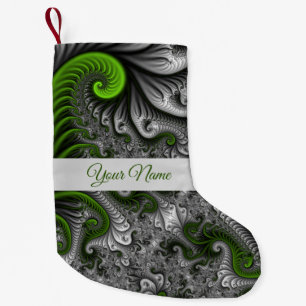 Fantasy World Green Grey Abstract Fractal Art Name Small Christmas Stocking