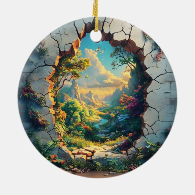 Fantasy World Through a Cracked Wall Design Ceramic Tree Decoration (Back)
