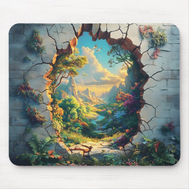 Fantasy World Through a Cracked Wall Design Mouse Pad (Front)
