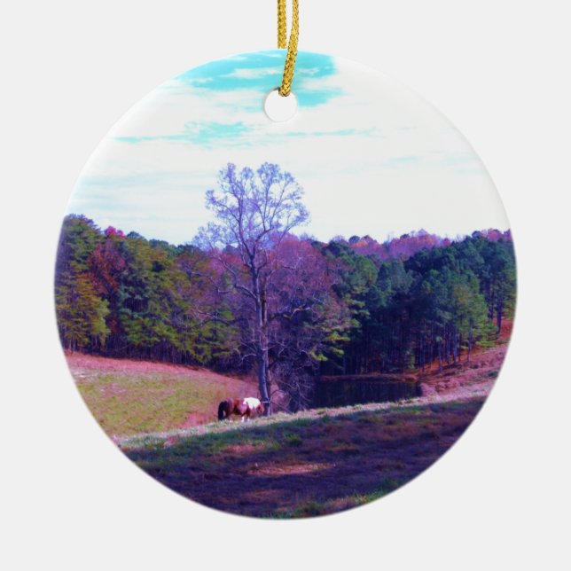 Far Away Horse in a Purple Field Ceramic Tree Decoration (Front)