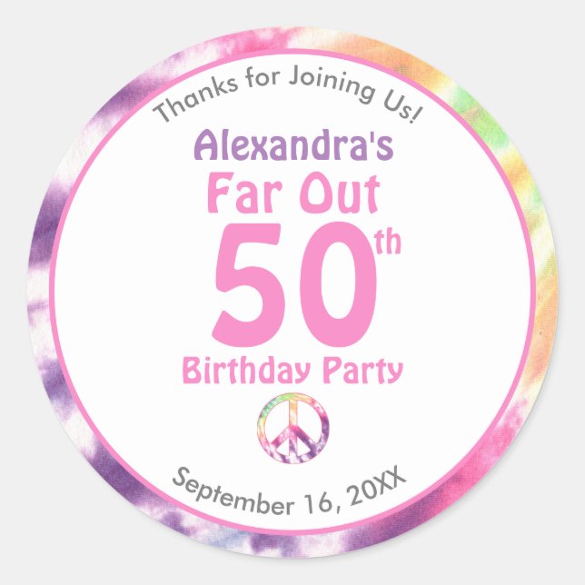 Far Out 50th Cool Tie Dye Birthday Party Thank You Classic Round Sticker (Front)