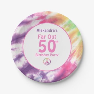 Far Out 50th Groovy Tie Dye Birthday Name Party Paper Plate