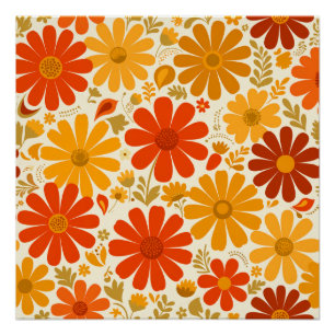 Far Out Cheerful Retro Daisies Burnt Orange Gold Poster