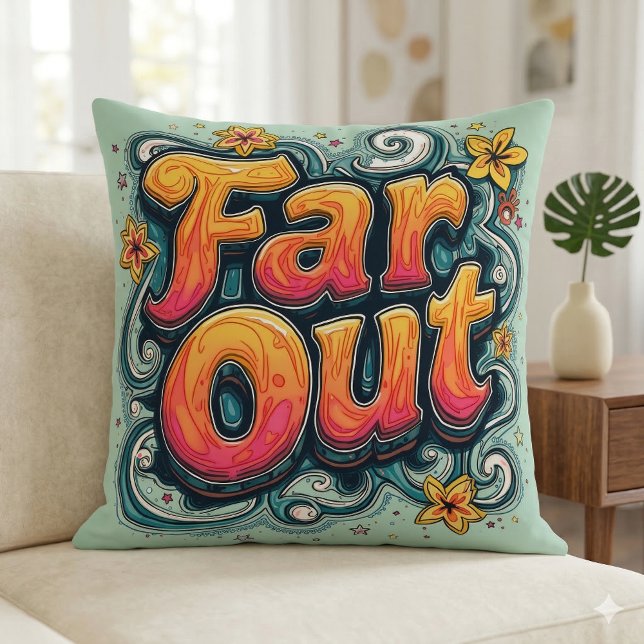 Far Out Retro 70s Psychedelic Groovy Hippie Cushion (Far Out Retro 70s Psychedelic Groovy Hippie Throw Pillow Mockup A)