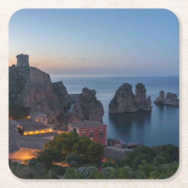 Faraglioni and Tonnara in Scopello, Sicily Square Paper Coaster (Front)