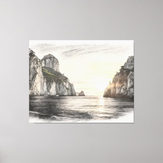Faraglioni cliffs over capri sea sunset drawing canvas print