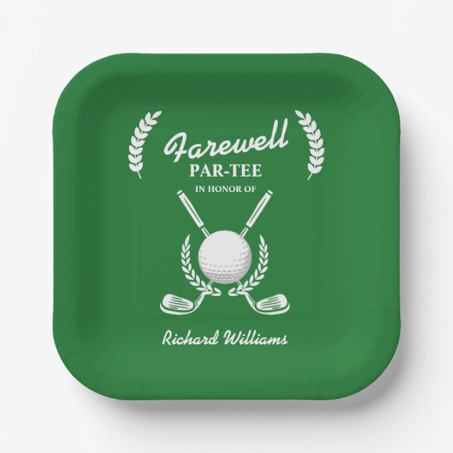 Farewell Retirement Golf Clubs Wreath Themed Party Paper Plate (Front)