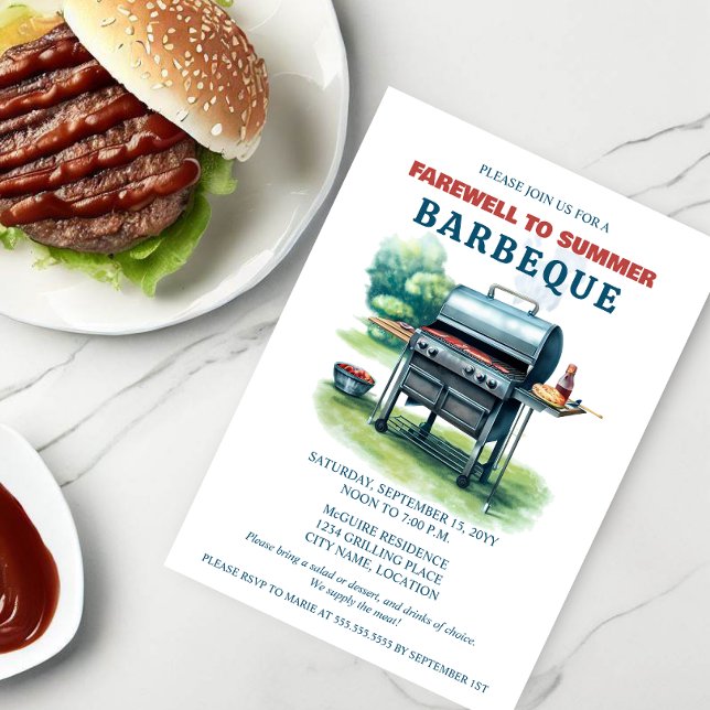 Farewell to Summer BBQ Party Invitation (BBQ party invitation with watercolor BBQ in the backyard.  An elegant invitation to celebrate summer)