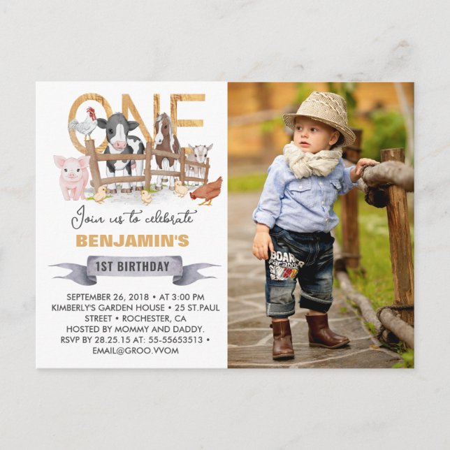 Farm 1st Birthday Barnyard Photo Invitation Postcard (Front)