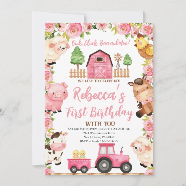 Farm 1st Birthday for Girl, Farm Animals Invitation (Front)