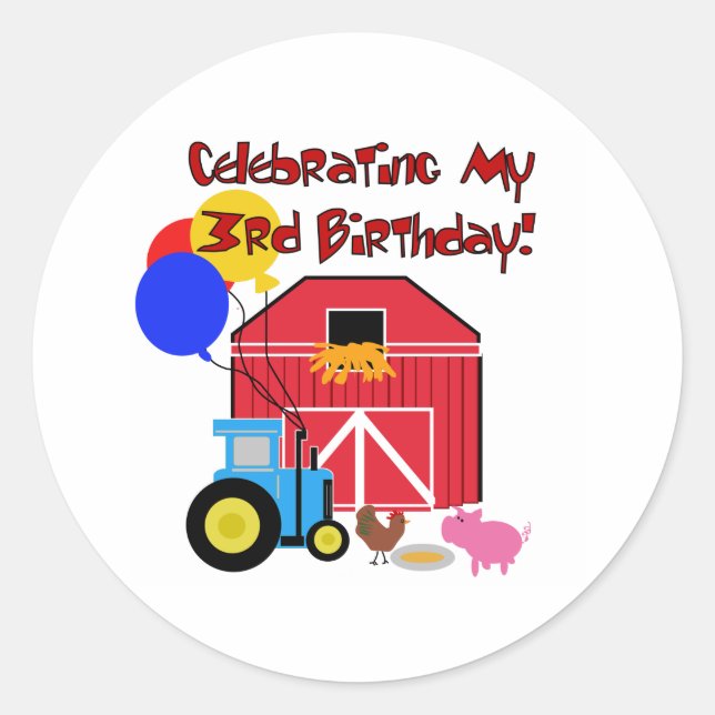 Farm 3rd Birthday Classic Round Sticker (Front)