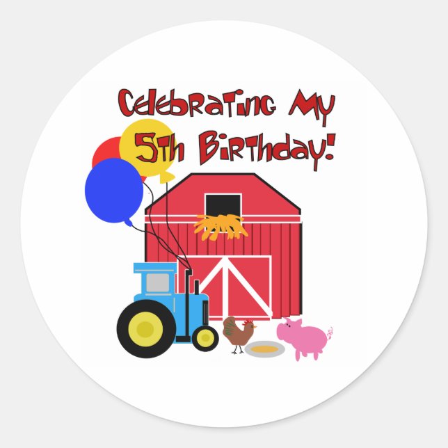 Farm 5th  Birthday Classic Round Sticker (Front)