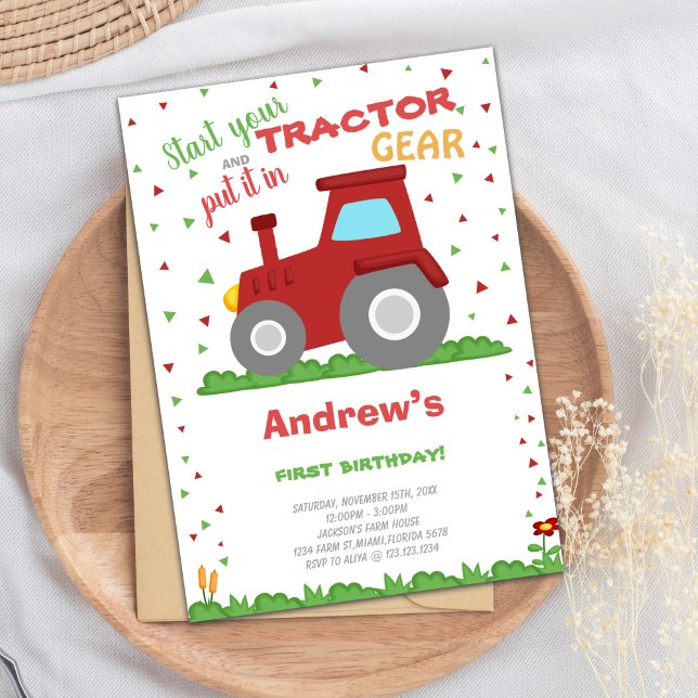 Farm and Tractor Themed Party Card (Green Grass Tractor Birthday Invitations)