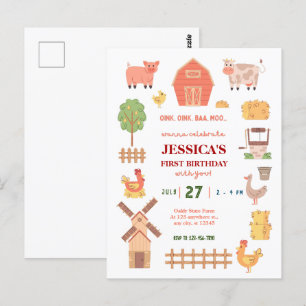 Farm animal 1st birthday invitation postcard