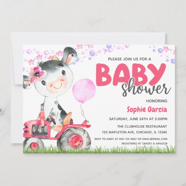 Farm Animal Baby Girl Cow Baby Shower Invitation (Front)