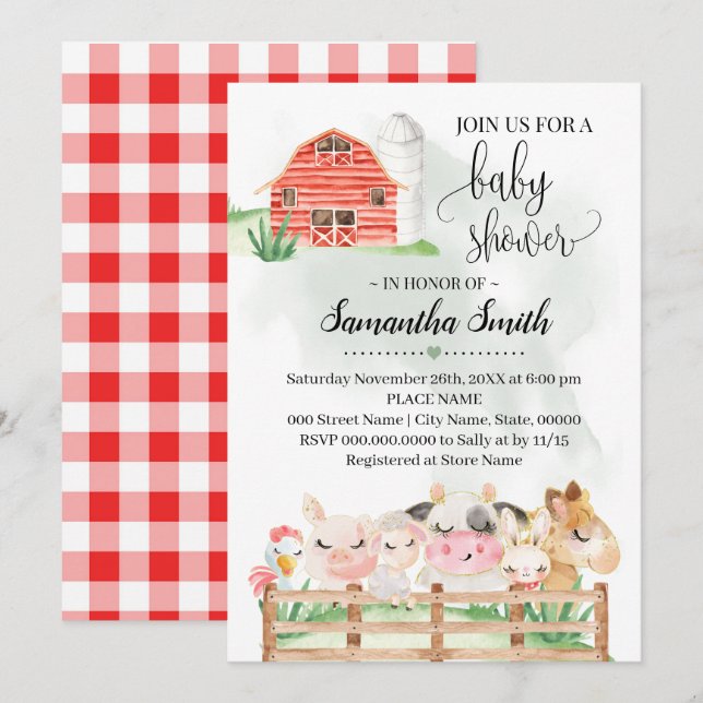 Farm animal baby shower baby animals watercolor invitation (Front/Back)