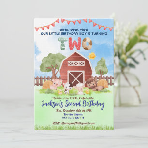 Farm Animal Barnyard Second Birthday Invitation