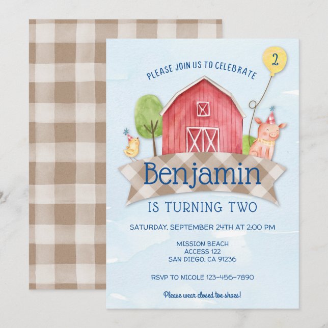 farm animal birthday invitation, FARM ANIMAL 1ST Invitation (Front/Back)