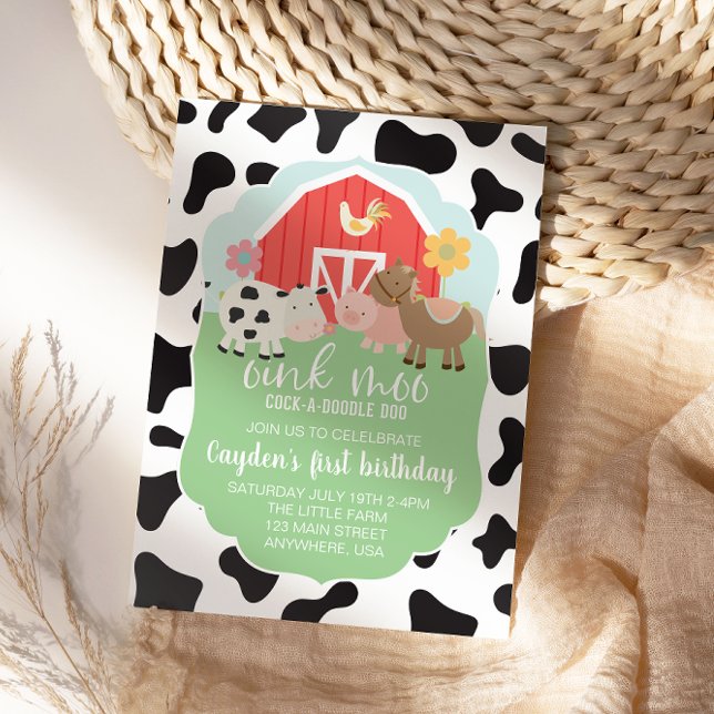 Farm animal birthday invitation with cow print (Creator Uploaded)