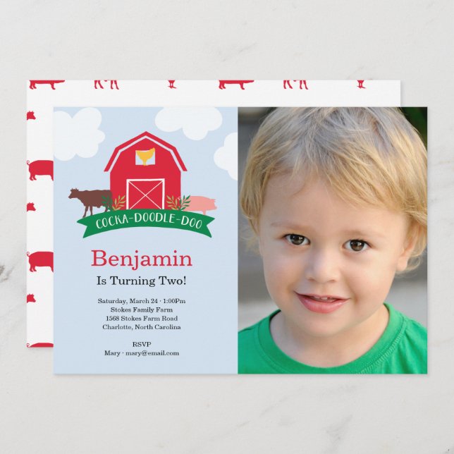 Farm Animal Birthday Party Photo Invitation (Front/Back)