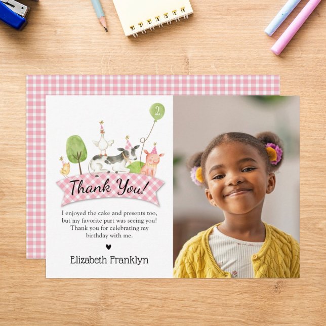 Farm Animal Birthday Party Pink Check Girl Photo Thank You Card (Creator Uploaded)