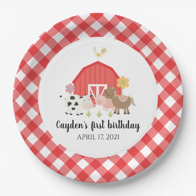 Farm Animal Birthday Party Plates red plaid (Front)