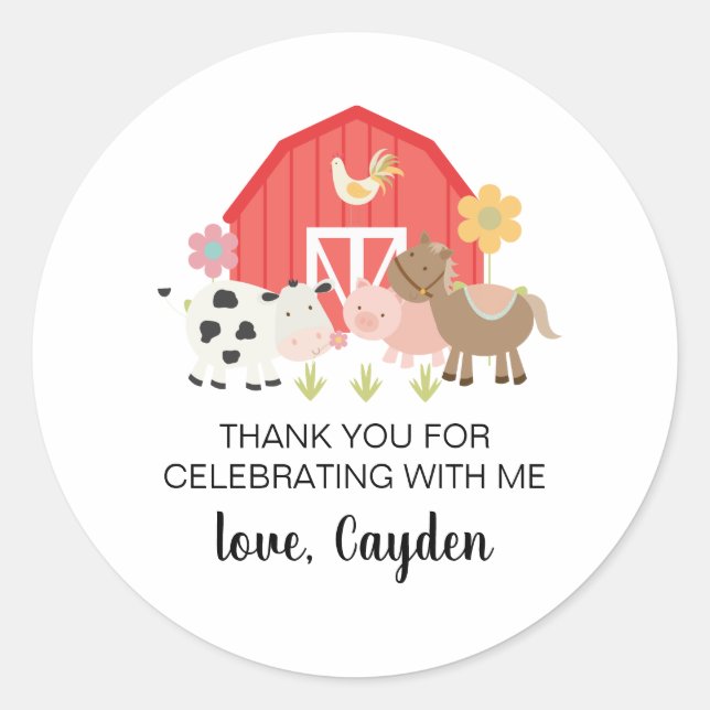 Farm Animal Birthday Party thank you favour Sticke Classic Round Sticker (Front)