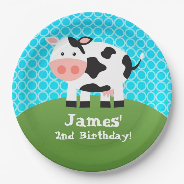 Farm Animal, Black White Cow, Kids Birthday Party Paper Plate (Front)