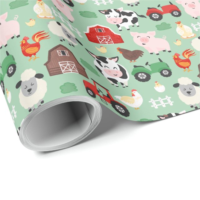 Farm Animal Cow Pig Barn Tractor Birthday Party Wrapping Paper (Roll Corner)