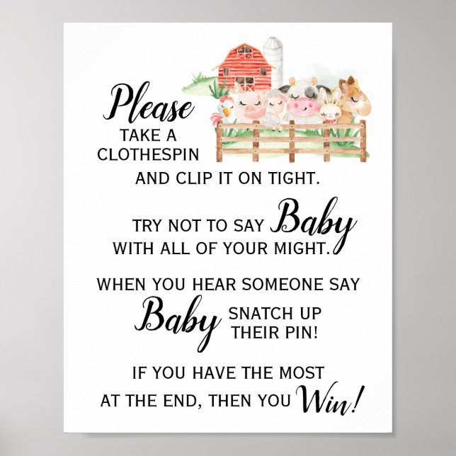 Farm Animal Don't Say Baby Game Baby Shower Sign (Front)