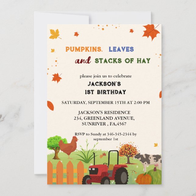 Farm Animal fall Pumpkin Boy First Birthday Party  Invitation (Front)