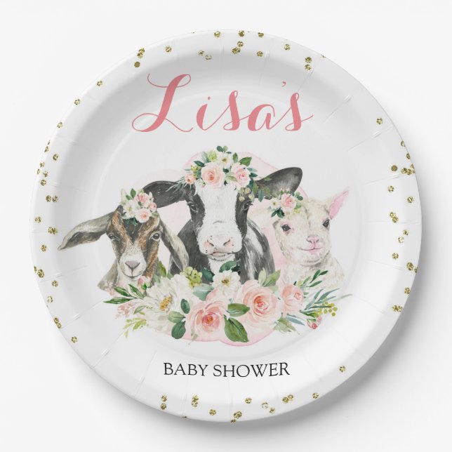 Farm Animal Floral Girl Baby Shower Paper Plate (Front)