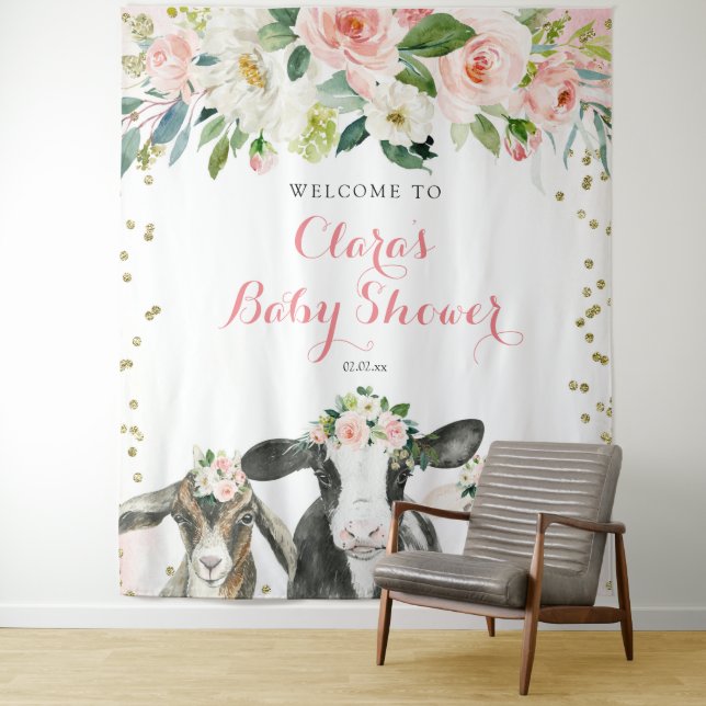 Farm Animal Floral Girl Baby Shower Sign Tapestry (In Situ)