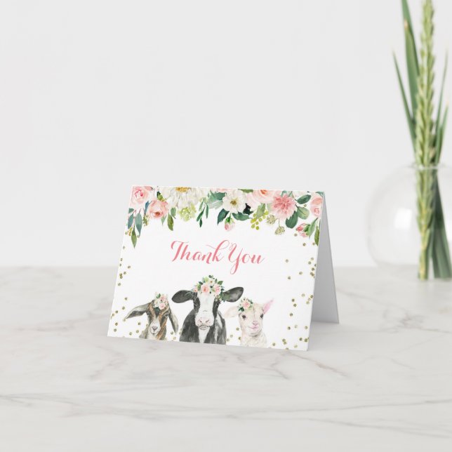 Farm Animal Floral Girl Baby Shower Thank You Card (Front)