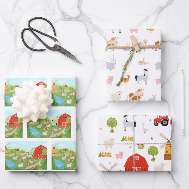 Farm Animal Gift Wrap, Barnyard Wrapping Paper (Front)